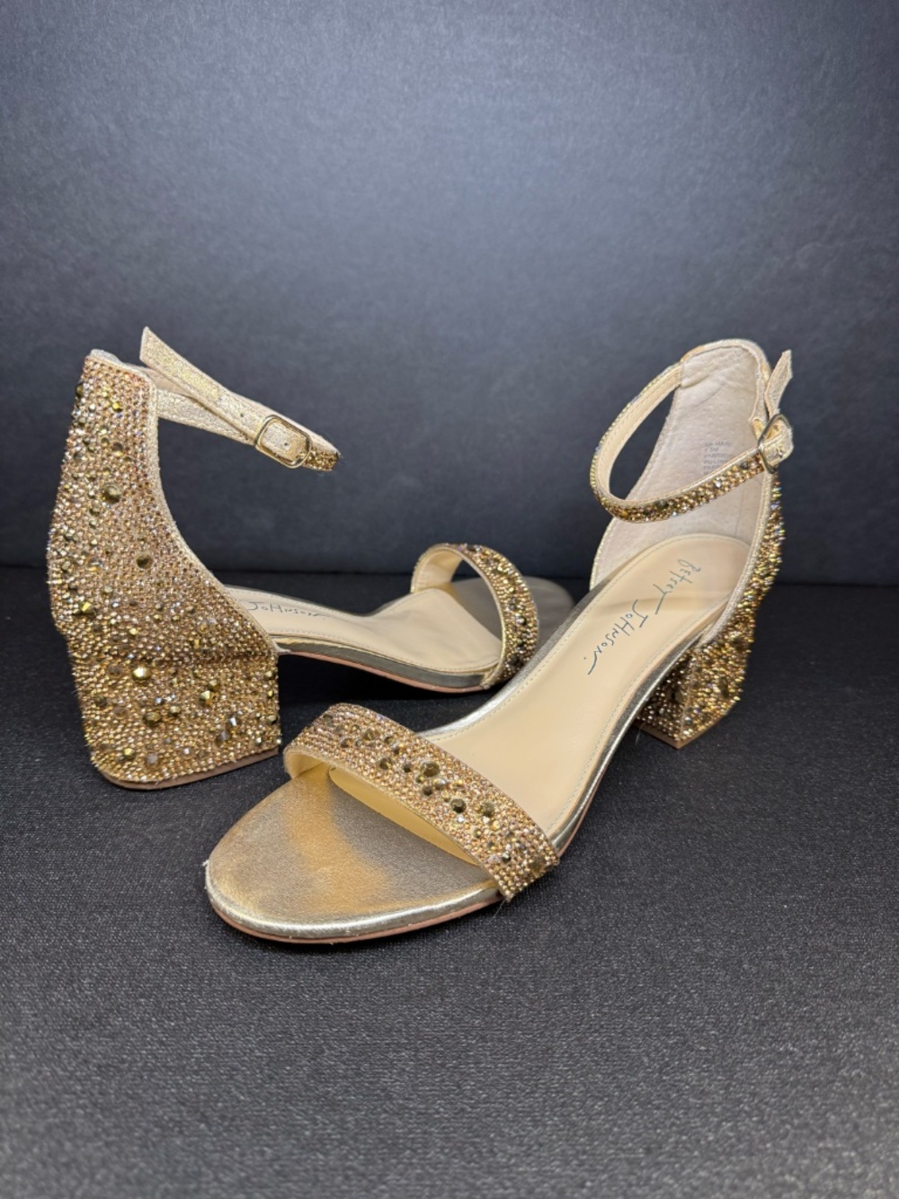 Betsey Johnson Mari Gold Rhinestone Block Heel Sandals Sparkly Evening Shoes 7.5